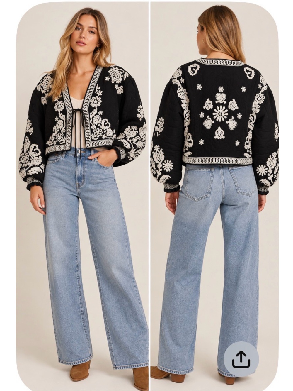 Free People Bali Mabel Embroidered Quilted Jacket black and ivory Size S